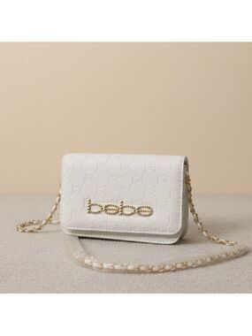 NWT Bebe Celia Monogram Flap Crossbody Bag White Gold Chain Small Purse